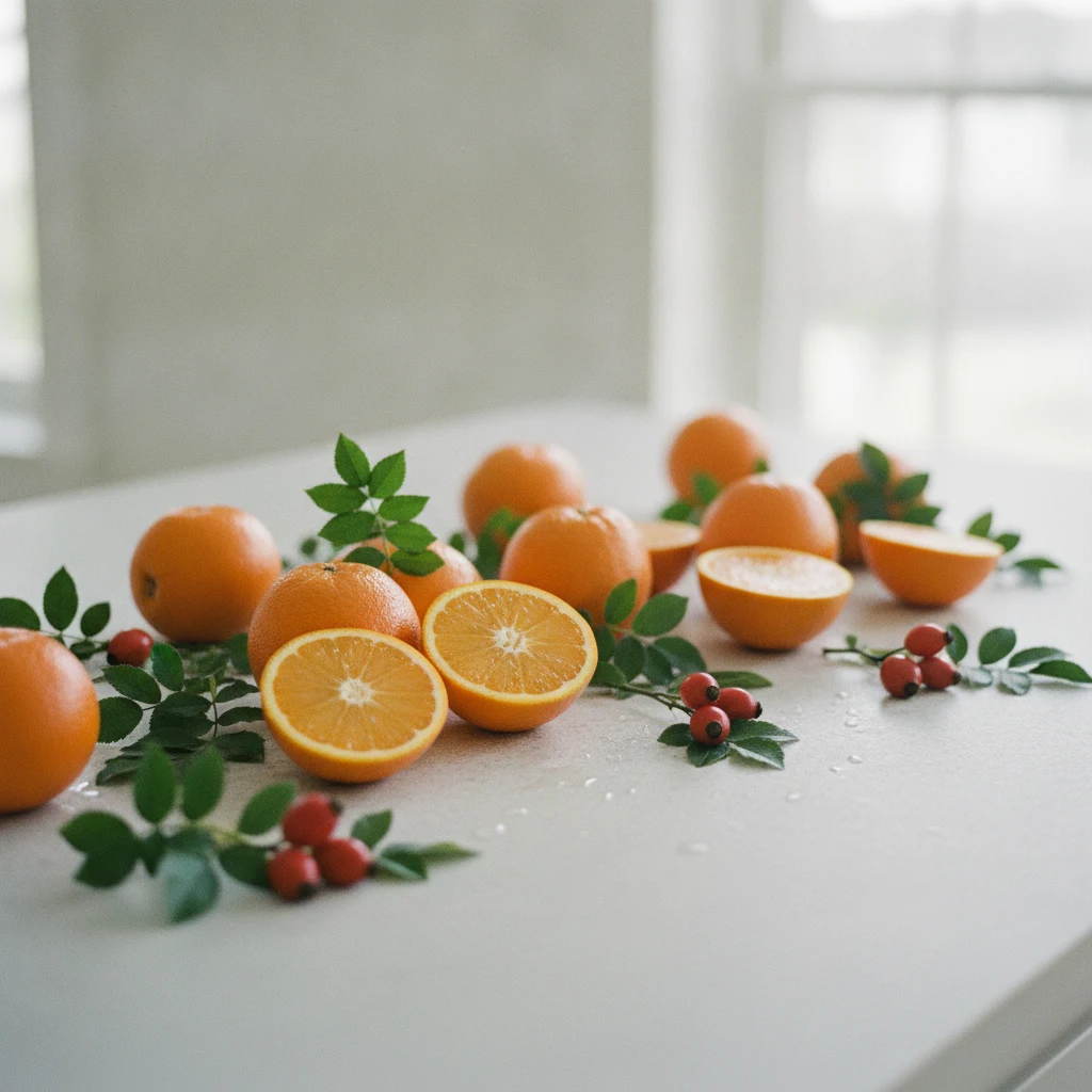 Fresh oranges and rosehip berries on a light stone kitchen bench