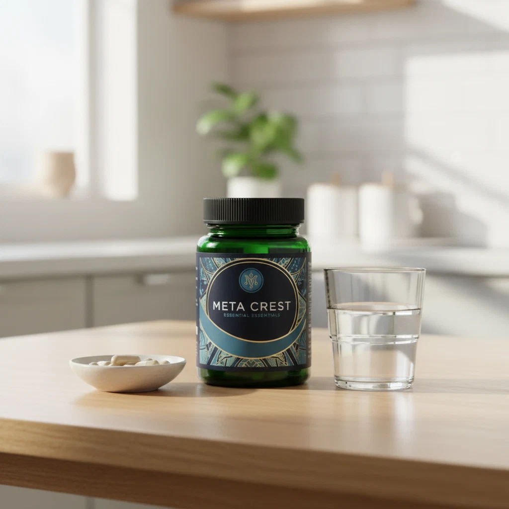 Meta Crest Essential Essentials jar beside a glass of water and a bowl of almonds on a bright kitchen table